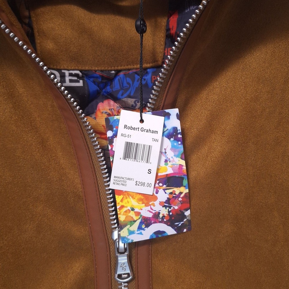 Robert Graham RG-51 Mens S Faux Suede Bomber Jacket Pop Art Quilt Lining Tan NWT - Picture 5 of 15